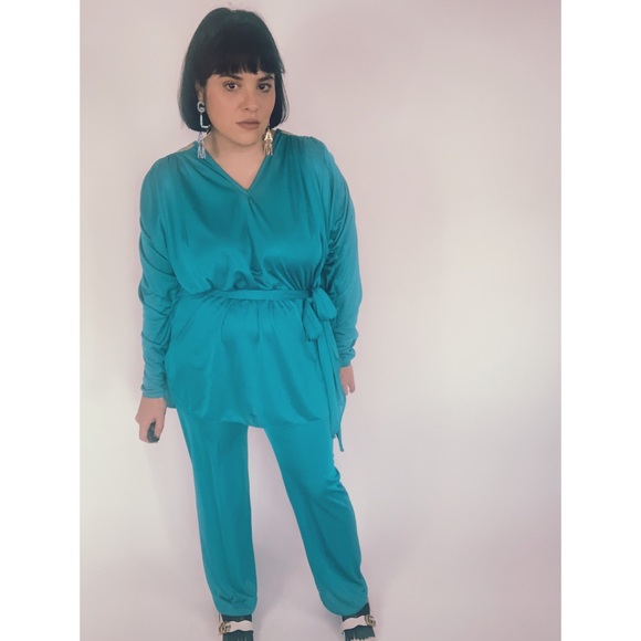 Vintage 60s Space age Teal Silver Pant Blouse Set - Picture 5 of 8